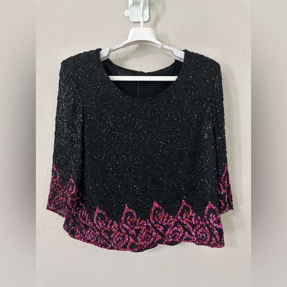 Frank Usher Vintage Black Pink‎ Sequin Beaded Top Sz16
